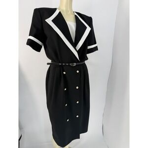 Vintage 80s Alexis Black White Colorblock Secretary Dress Belted USA 11/12